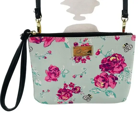 Betsey Johnson Aqua Pink Floral Crossbody Wristlet Strap Small Shoulder Bag - Picture 1 of 7